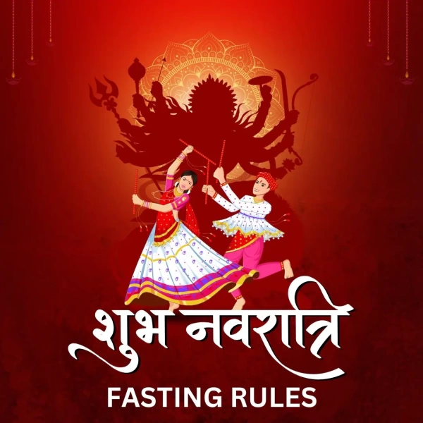 Devotional graphic showing Navaratri 2025 fasting rules with Goddess Durga and Garba dancers