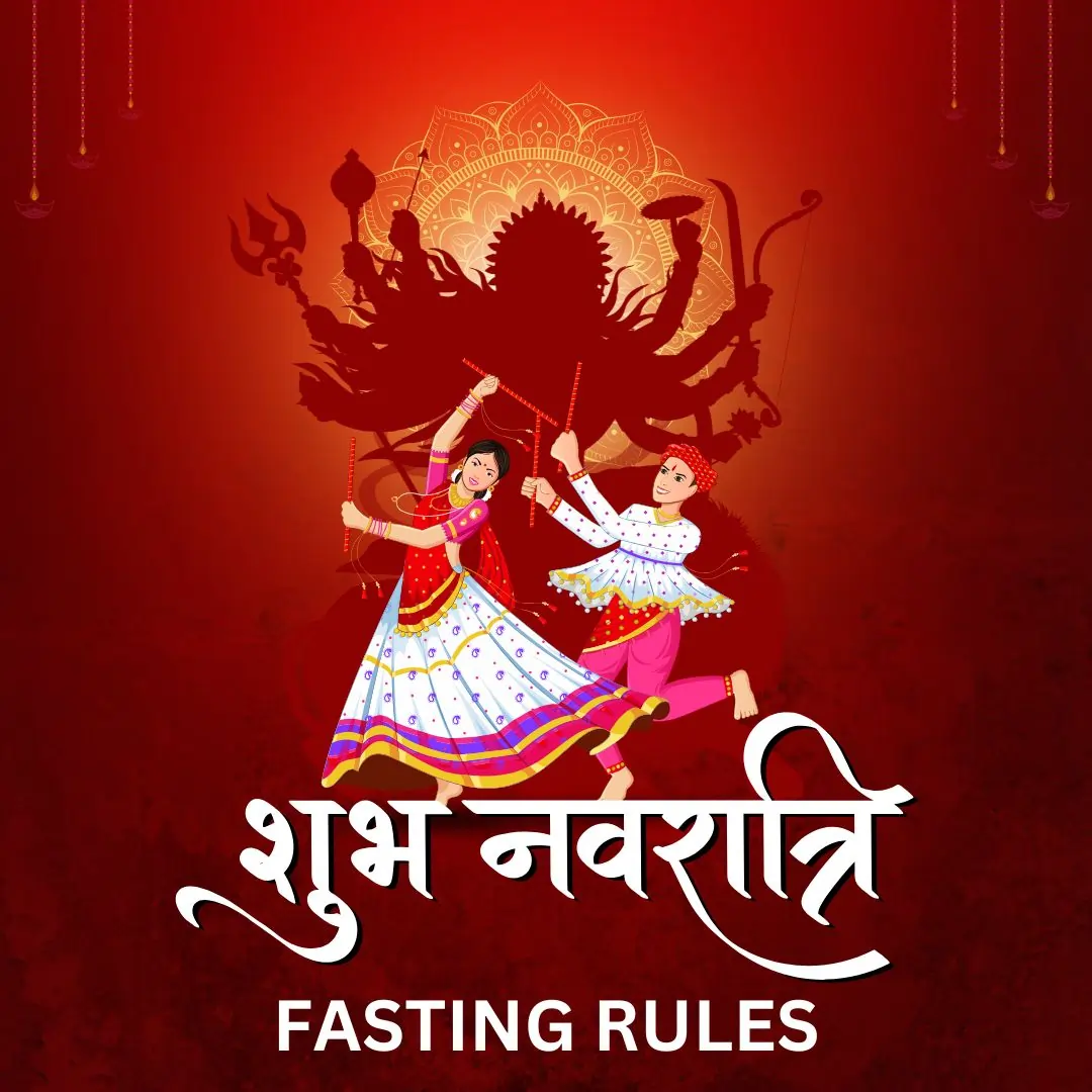 Devotional graphic showing Navaratri 2025 fasting rules with Goddess Durga and Garba dancers