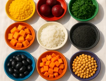 Nine colorful bowls display diced pumpkin, beetroot balls, chopped greens, rice, black sesame, black olives, chickpeas, and two orange varieties on a white cloth.
