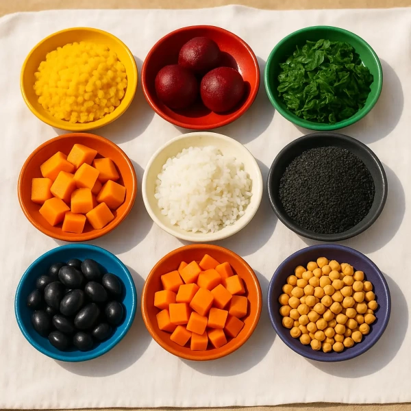 Nine colorful bowls display diced pumpkin, beetroot balls, chopped greens, rice, black sesame, black olives, chickpeas, and two orange varieties on a white cloth.