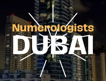 Cityscape of Dubai with modern skyscrapers and text overlay about numerologists.