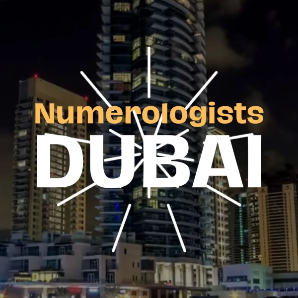 Cityscape of Dubai with modern skyscrapers and text overlay about numerologists.