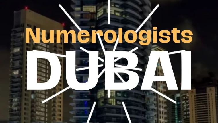 Cityscape of Dubai with modern skyscrapers and text overlay about numerologists.