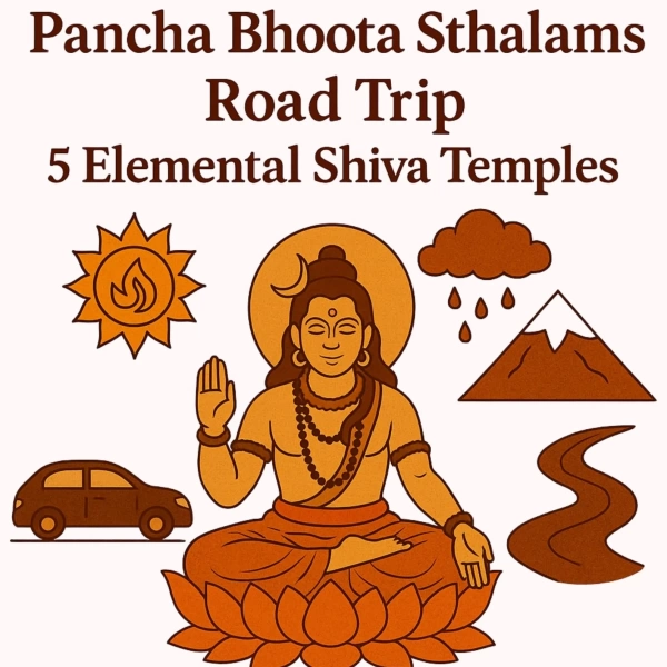Illustration of Lord Shiva with five elemental symbols representing Pancha Bhoota Sthalams.