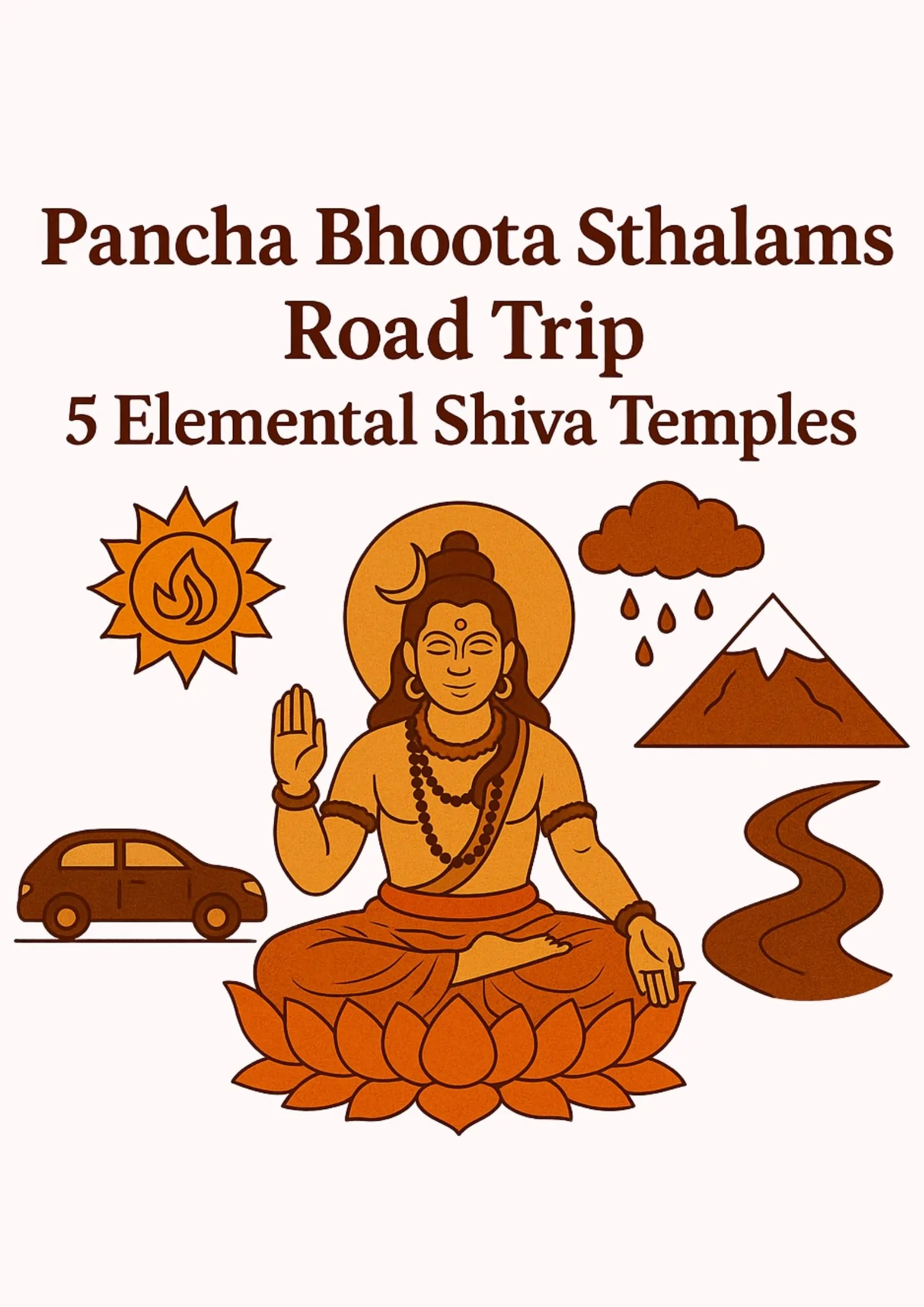 Illustration of Lord Shiva with five elemental symbols representing Pancha Bhoota Sthalams.