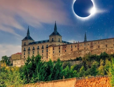 Majestic stone palace under dramatic sky with near-total solar eclipse illuminating clouds and treetops.