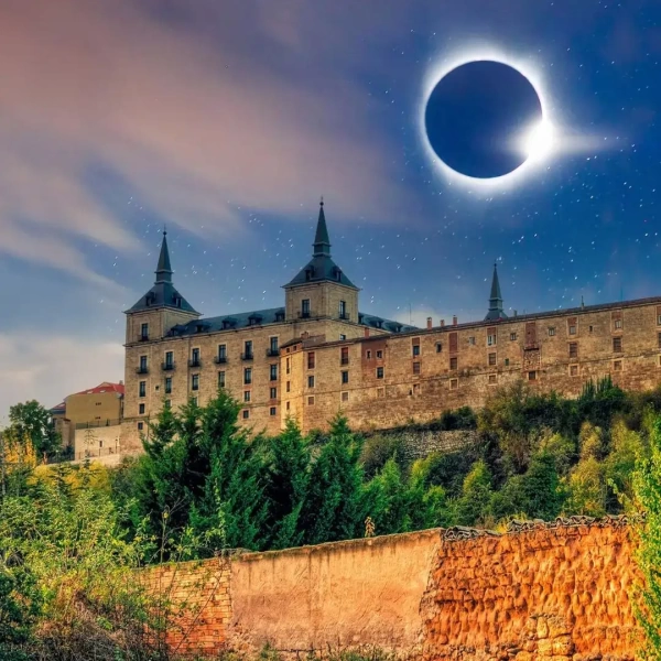 Majestic stone palace under dramatic sky with near-total solar eclipse illuminating clouds and treetops.