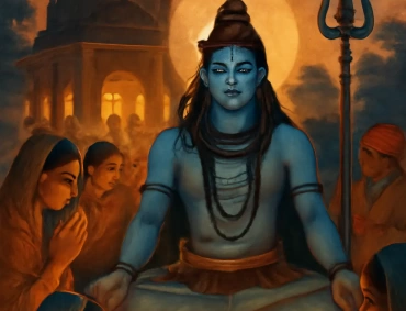 Blue-skinned Lord Shiva meditates before temple at dusk, surrounded by devotees and glowing diyas, trident beside, full moon illuminating.