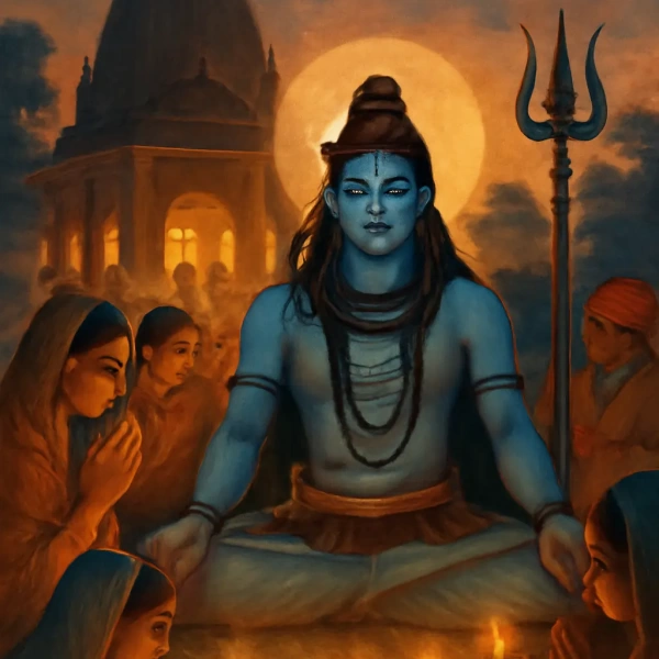 Blue-skinned Lord Shiva meditates before temple at dusk, surrounded by devotees and glowing diyas, trident beside, full moon illuminating.