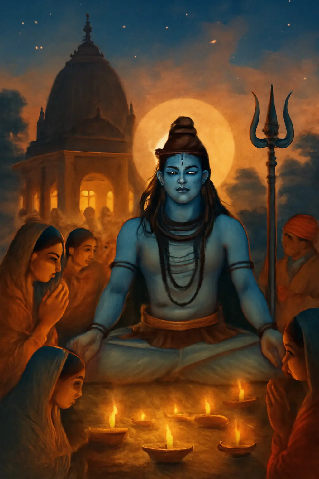 Blue-skinned Lord Shiva meditates before temple at dusk, surrounded by devotees and glowing diyas, trident beside, full moon illuminating.