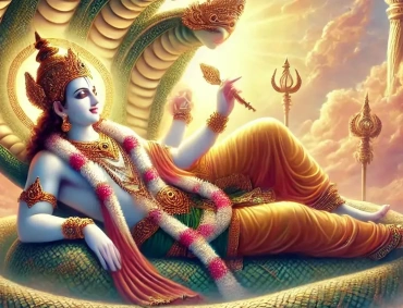 Scene represents Anantashayana, Vishnu’s yoga nidra between creations, embodying balance, time, and eternity.