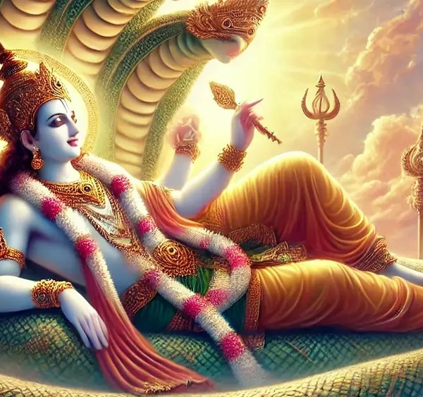 Scene represents Anantashayana, Vishnu’s yoga nidra between creations, embodying balance, time, and eternity.