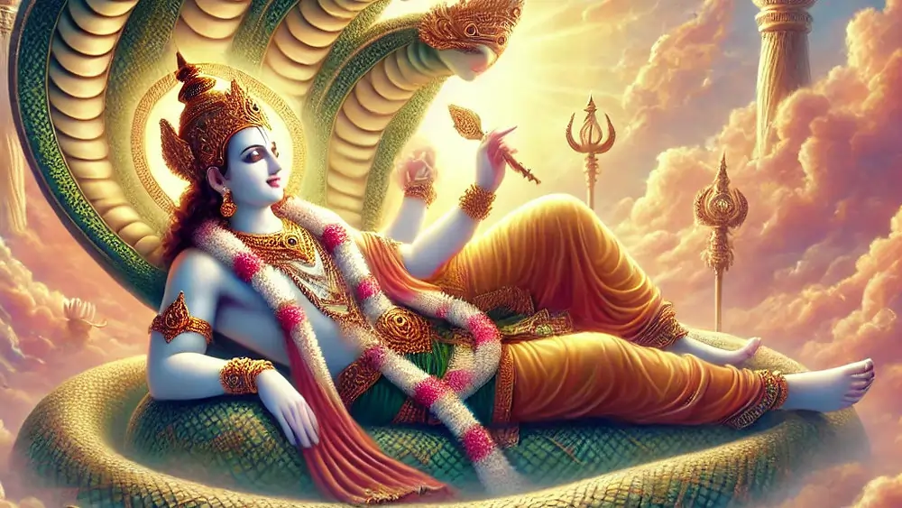 Scene represents Anantashayana, Vishnu’s yoga nidra between creations, embodying balance, time, and eternity.