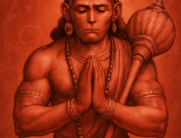 Monochrome red depiction of Lord Hanuman kneeling, hands in namaste, holding gada, serene devotional expression.
