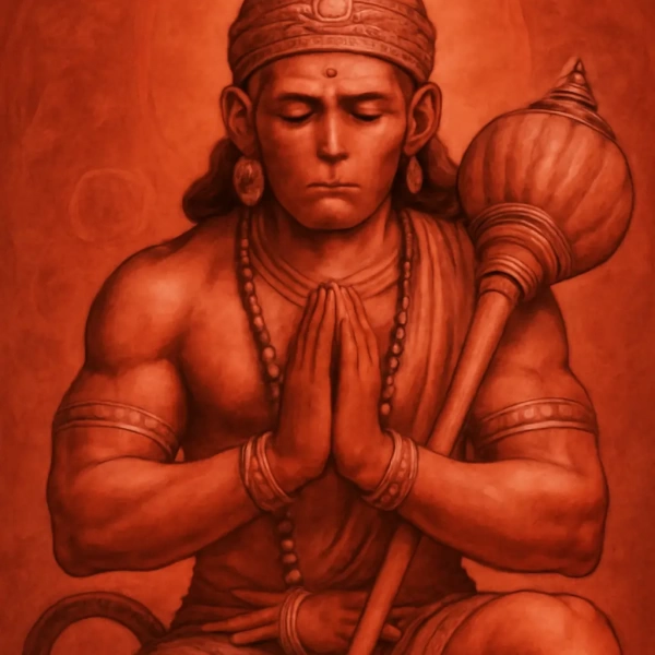 Monochrome red depiction of Lord Hanuman kneeling, hands in namaste, holding gada, serene devotional expression.