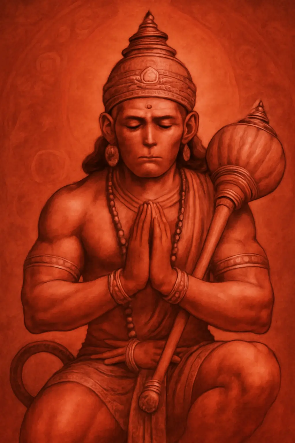 Monochrome red depiction of Lord Hanuman kneeling, hands in namaste, holding gada, serene devotional expression.
