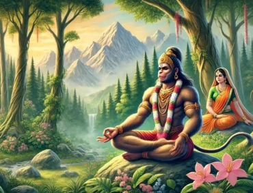 Serene forest scene of Rin Harta Hanuman meditating, Sita seated nearby, mountains and waterfall behind.