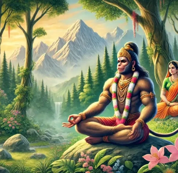 Serene forest scene of Rin Harta Hanuman meditating, Sita seated nearby, mountains and waterfall behind.