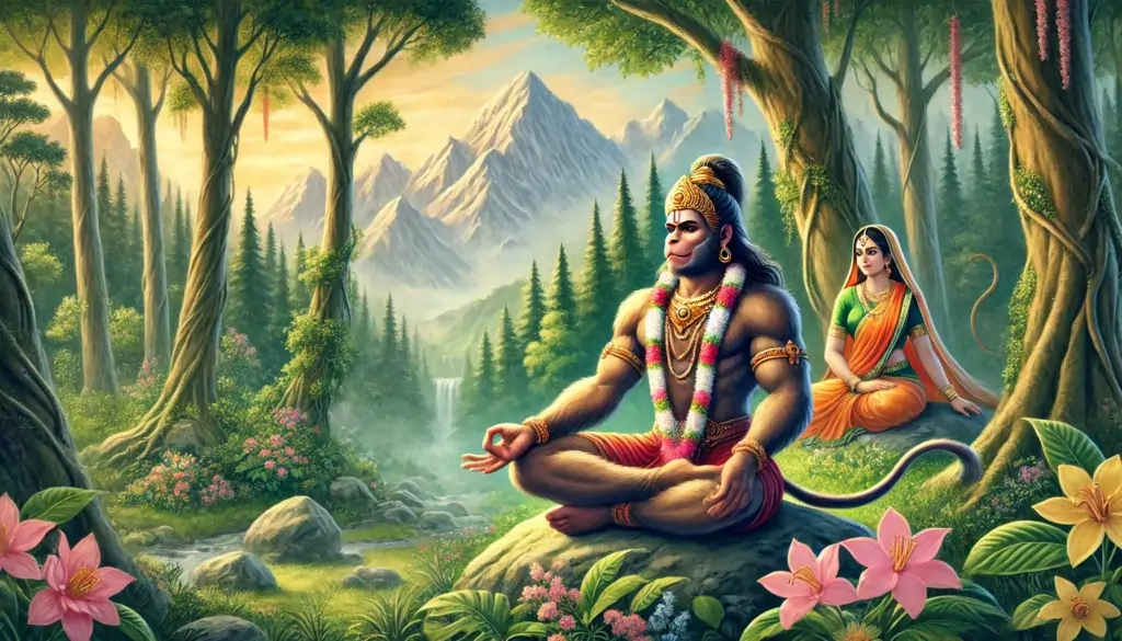 Serene forest scene of Rin Harta Hanuman meditating, Sita seated nearby, mountains and waterfall behind.