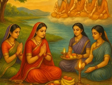Women performing Rishi Panchami 2025 vrat rituals by the riverside, offering prayers with lamps, fruits, and flowers to the Sapta Rishis seated above.”