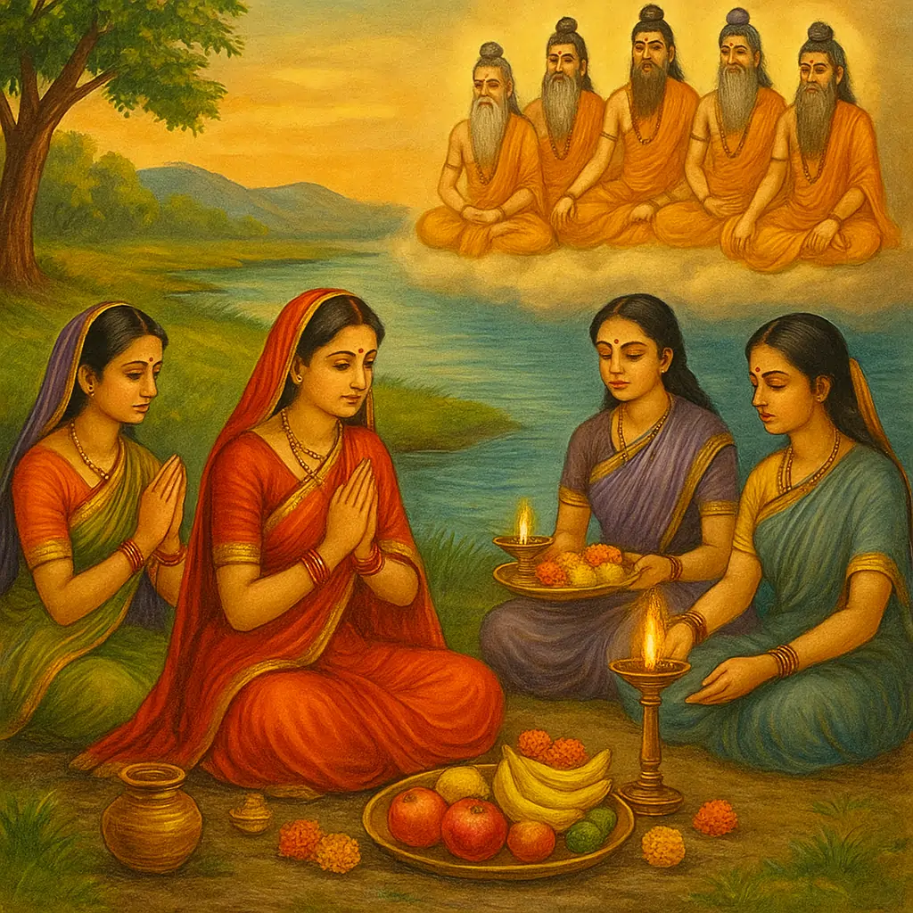 Women performing Rishi Panchami 2025 vrat rituals by the riverside, offering prayers with lamps, fruits, and flowers to the Sapta Rishis seated above.”