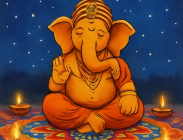 Devotees worship a grand, ornate Lord Ganesha idol seated in a richly decorated temple sanctum.