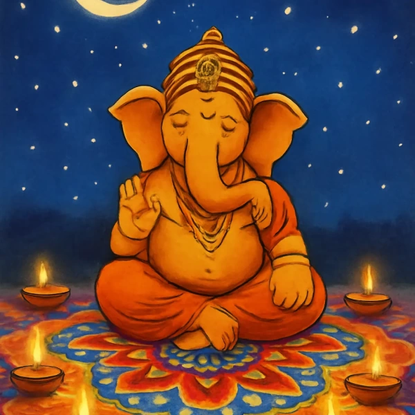 Devotees worship a grand, ornate Lord Ganesha idol seated in a richly decorated temple sanctum.