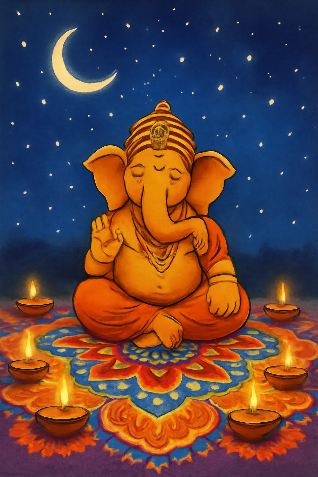 Devotees worship a grand, ornate Lord Ganesha idol seated in a richly decorated temple sanctum.