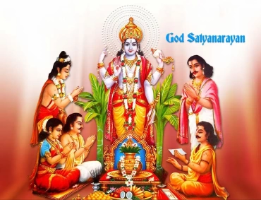Lord Satyanarayan, Vishnu’s truth form, blessing devotees during puja with offerings, banana leaves, and katha.