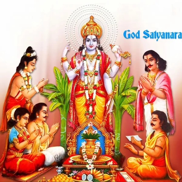 Lord Satyanarayan, Vishnu’s truth form, blessing devotees during puja with offerings, banana leaves, and katha.