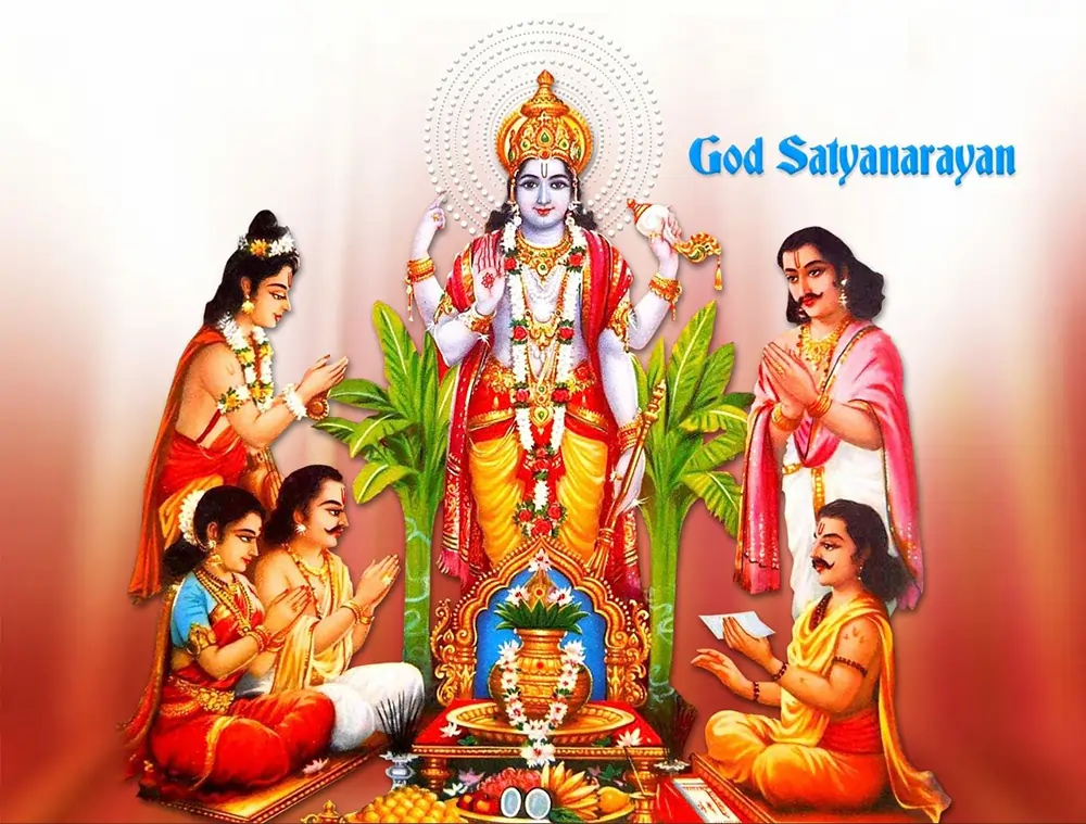 Lord Satyanarayan, Vishnu’s truth form, blessing devotees during puja with offerings, banana leaves, and katha.