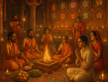 A sacred ritual scene honoring the Shakti Peethas with the ten Mahavidyas, featuring divine icons of Kali, Tara, Tripura Sundari, Bhuvaneshvari, Bhairavi, Chhinnamasta, Dhumavati, Bagalamukhi, Matangi, and Kamala amid lamps, flowers, and mantras during a Maha Puja for blessings and protection.