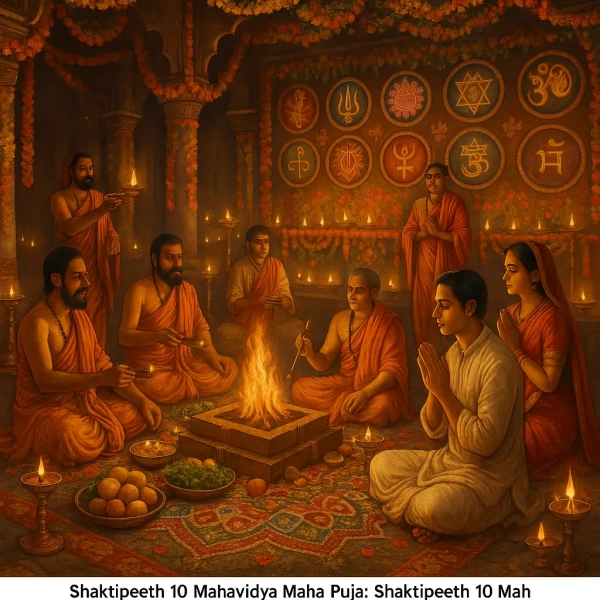A sacred ritual scene honoring the Shakti Peethas with the ten Mahavidyas, featuring divine icons of Kali, Tara, Tripura Sundari, Bhuvaneshvari, Bhairavi, Chhinnamasta, Dhumavati, Bagalamukhi, Matangi, and Kamala amid lamps, flowers, and mantras during a Maha Puja for blessings and protection.