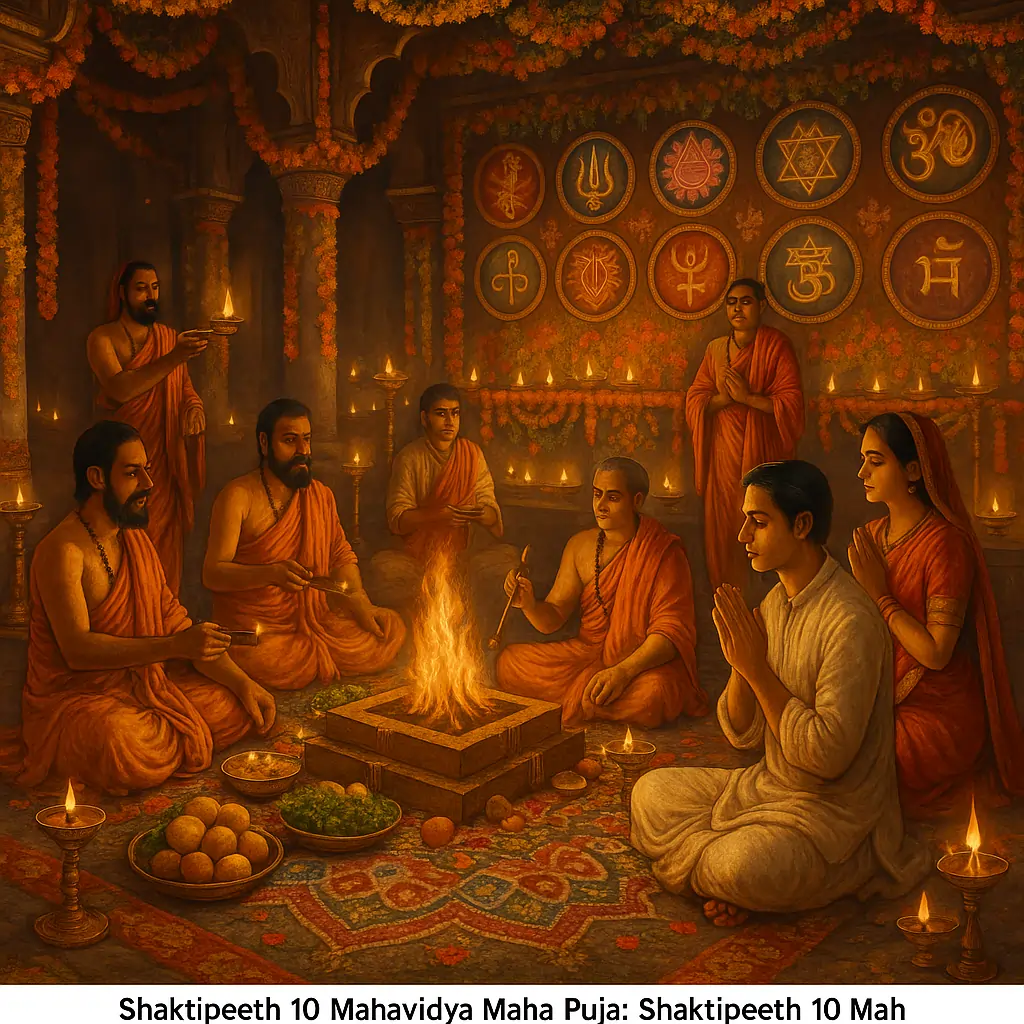 A sacred ritual scene honoring the Shakti Peethas with the ten Mahavidyas, featuring divine icons of Kali, Tara, Tripura Sundari, Bhuvaneshvari, Bhairavi, Chhinnamasta, Dhumavati, Bagalamukhi, Matangi, and Kamala amid lamps, flowers, and mantras during a Maha Puja for blessings and protection.