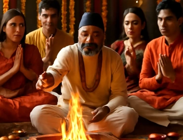 Elder priest conducts sacred havan as devotees sit praying around fire, marigold garlands decorating backdrop.