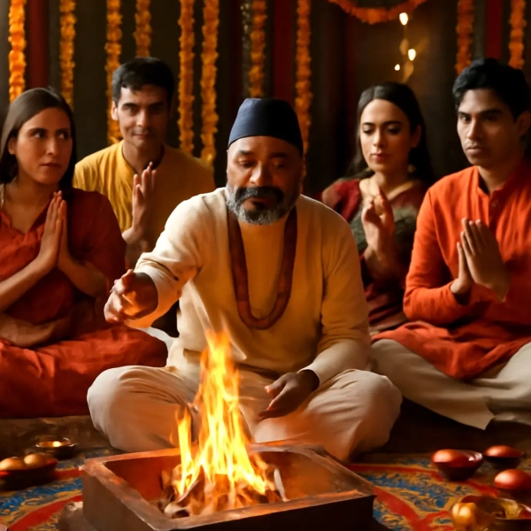 Elder priest conducts sacred havan as devotees sit praying around fire, marigold garlands decorating backdrop.