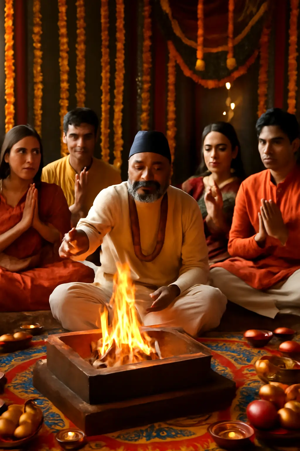 Elder priest conducts sacred havan as devotees sit praying around fire, marigold garlands decorating backdrop.