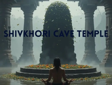 Meditating devotee before towering Shiva lingam in ancient stone cave temple with falling leaves.