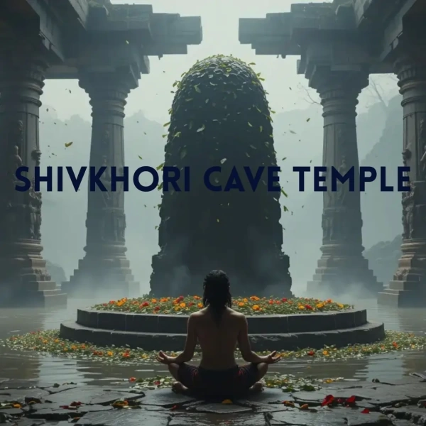 Meditating devotee before towering Shiva lingam in ancient stone cave temple with falling leaves.