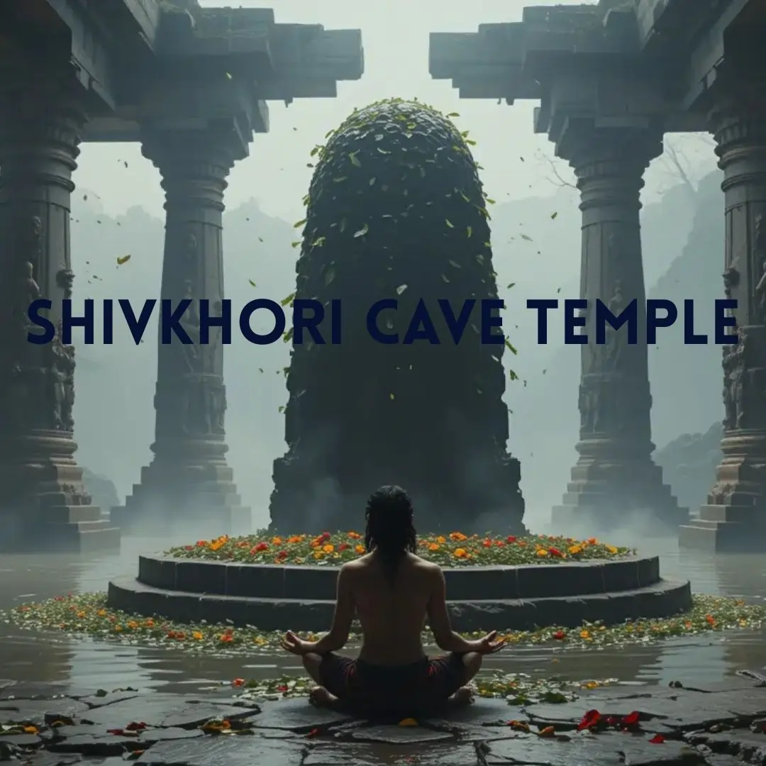 Meditating devotee before towering Shiva lingam in ancient stone cave temple with falling leaves.