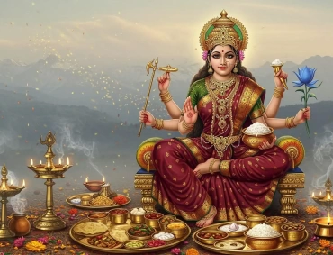 A richly adorned Annapurna Devi sits offering rice, ladle, and lotus amid ceremonial lamps and feast.