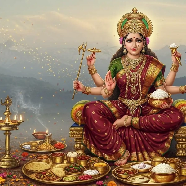 A richly adorned Annapurna Devi sits offering rice, ladle, and lotus amid ceremonial lamps and feast.
