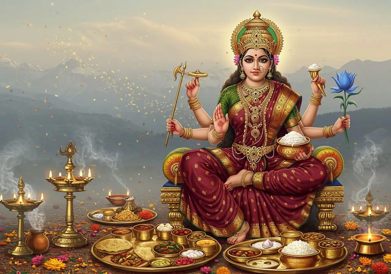A richly adorned Annapurna Devi sits offering rice, ladle, and lotus amid ceremonial lamps and feast.