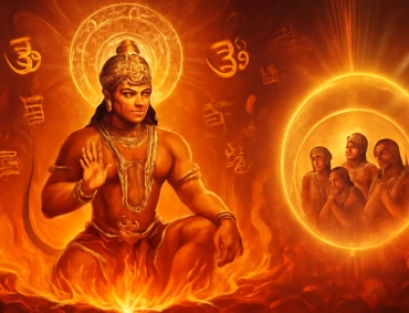Radiant Hanuman sits amid flames, blessing devotees within a glowing circle, sacred scripts swirling.