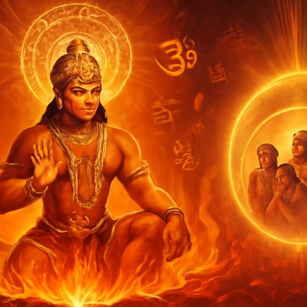 Radiant Hanuman sits amid flames, blessing devotees within a glowing circle, sacred scripts swirling.