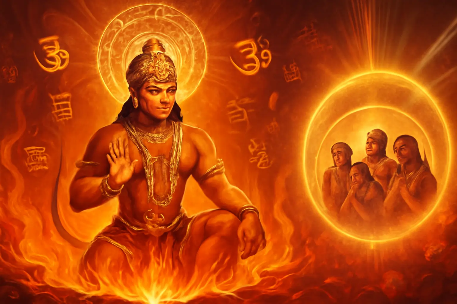 Radiant Hanuman sits amid flames, blessing devotees within a glowing circle, sacred scripts swirling.