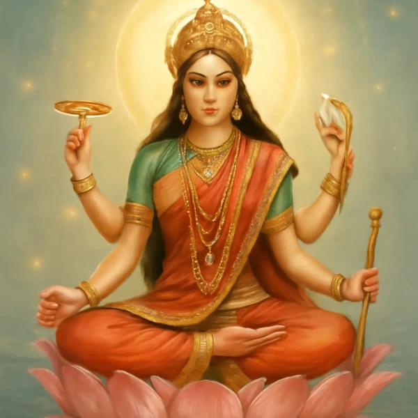 Goddess Siddhidatri seated on lotus, four arms holding symbols, devotees worship around, Navratri message displayed.