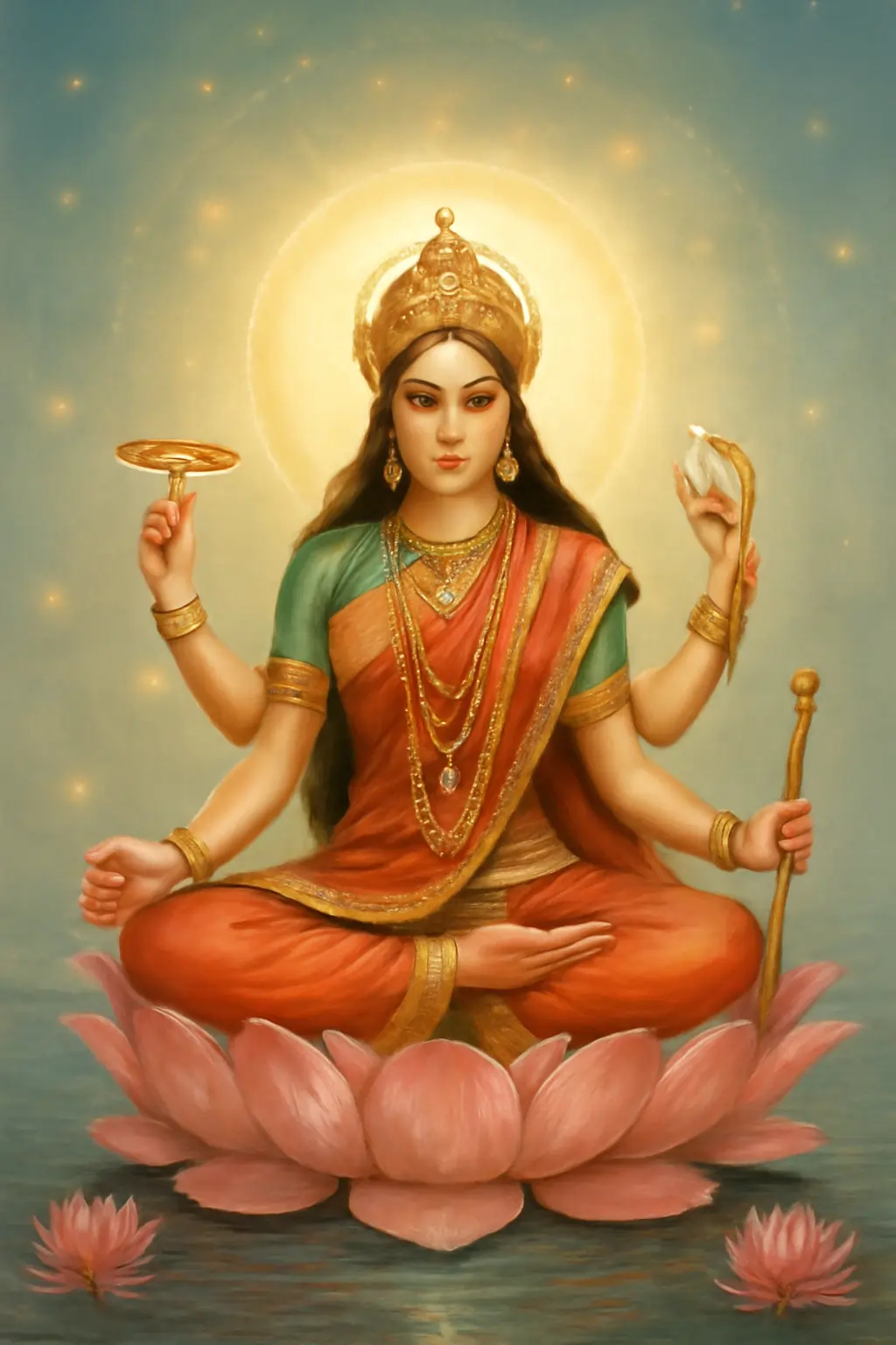 Goddess Siddhidatri seated on lotus, four arms holding symbols, devotees worship around, Navratri message displayed.