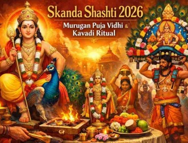 Lord Murugan Skanda Shashti 2026 feature image showing Murugan on peacock, Skanda Shashti Puja, and Kavadi ritual procession