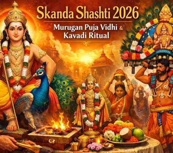 Lord Murugan Skanda Shashti 2026 feature image showing Murugan on peacock, Skanda Shashti Puja, and Kavadi ritual procession